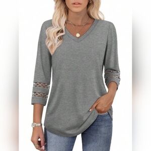 Gray Full Size V-Neck Women's Top with Lace Detail
